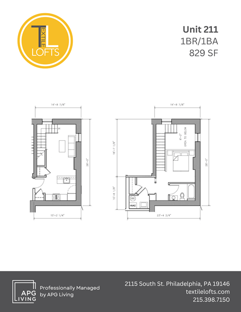 Floor plan for 1 bed, 1 bath, 829 sqft